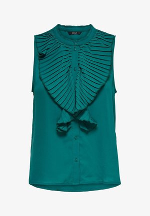 Mouwloze tealblouse met gerimpeld frontpaneel en knoopsluiting van kraag tot zoom.