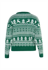 Maglione verde lavorato a maglia con motivi festivi bianchi, che includono renne, alberi e fiocchi di neve. Polsini e orlo a coste. Design corto.