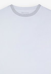 White t-shirt featuring a round neckline with a silver glitter trim. Smooth fabric texture; minimalistic design with no patterns or graphics.