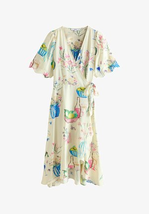 Cremefarbiges Wickelkleid mit kurzen, flatternden Ärmeln, bedruckt mit bunten Skizzen von Blumen, Vasen, Obstschalen und Flaschen.