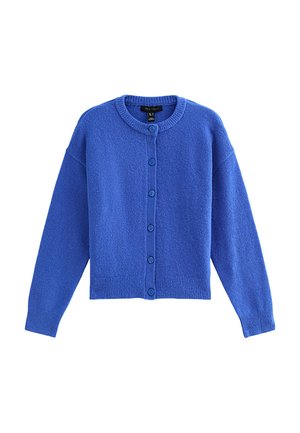 Blauwe cardigan van gestructureerde brei stof. Heeft een ronde halslijn, lange mouwen en een sluiting aan de voorkant met zes knopen. Ribgebreide onderkant en boorden.