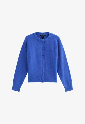 Blue cardigan made of textured knit fabric. Features a round neckline, long sleeves, and six button front closure. Ribbed hem and cuffs.