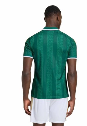 Uomo che indossa una maglia sportiva verde con motivo a fantasia e bordi bianchi, e pantaloncini bianchi con strisce dorate, in piedi di spalle su sfondo bianco.