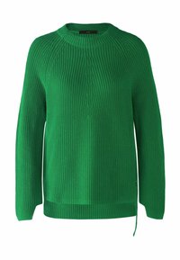 Pull en tricot vert avec un col rond, texture côtelée, manches longues et une fente sur le côté, présentant une étiquette contrastante au niveau du cou.