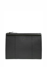 Zwart leren tasje met een gladde textuur, voorzien van een ritssluiting en een subtiel logo. Rechthoekige vorm met minimalistisch ontwerp en twee voorvakken.