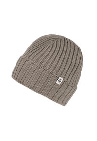 Knitted beanie in gray with a ribbed texture. Features a small logo patch on the side. Soft, flexible material, tapered shape.