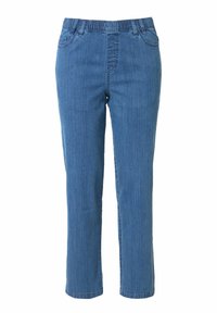 Pantalones de mezclilla de color azul claro, con cinturilla elástica, diseño de pierna recta y costuras verticales sutiles. Incluye dos bolsillos frontales.