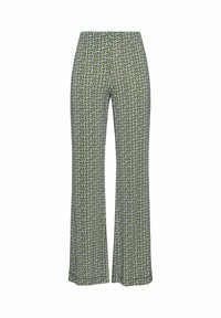 Pantaloni verdi e bianchi con motivo a fantasia e design svasato; realizzati in tessuto liscio con stampa geometrica su tutta la superficie.