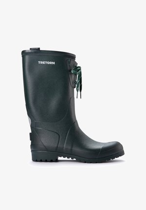 Mørkegrøn gummiregnstøvle med en tekstureret overflade, snørebånd foran og en holdbar sål. Har et logo på siden og en høj skaft.