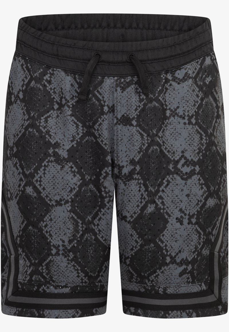 Czarne i szare szorty w wzór węża mają elastyczną talię z troczkiem oraz smukły fason z sportowymi akcentami.