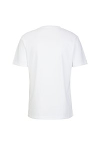 Weißes Baumwoll-T-Shirt mit kurzen Ärmeln, rundem Ausschnitt und glatter Textur. Keine sichtbaren Muster oder Grafiken auf der Rückseite.