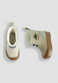 Stivali da pioggia verde chiaro con suola in gomma marrone, foderati in morbido pellicciotto bianco. Presentano un design a dinosauro verde e un linguetta per indossarli facilmente.