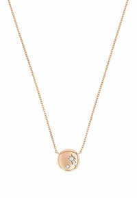 Roze gouden ketting met een ronde hanger, voorzien van sterachtige ontwerpen en twee kleine edelstenen, bevestigd aan een delicate ketting.