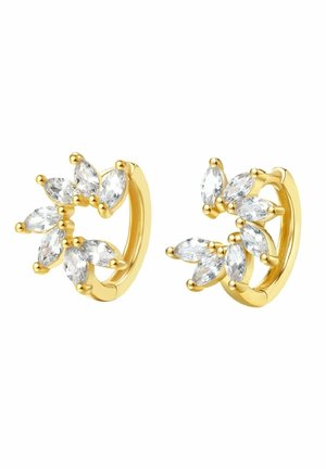 Boucles d'oreilles créoles dorées ornées de six cristaux clairs taille marquise disposés comme des pétales de fleur sur chaque créole.