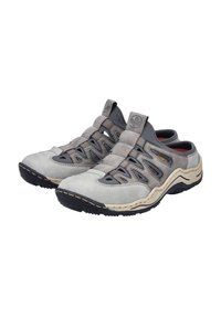 Lightweight gray suede shoes with a mesh upper, elastic straps, and a black rubber sole featuring a wavy design and reinforced toe.