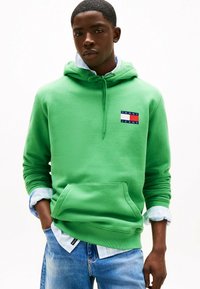 Grüne Baumwollkapuzenjacke mit einer Fronttasche und gerippten Bündchen, versehen mit einem Logo-Patch in Rot, Weiß und Blau. Darunter trägt er ein helles kariertes Hemd.