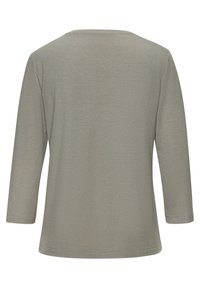 Hellgraues, langärmeliges Oberteil mit runder Ausschnitt und einer weichen, glatten Textur. Verfügt über einfache, sauber genähte Details an den Kanten.