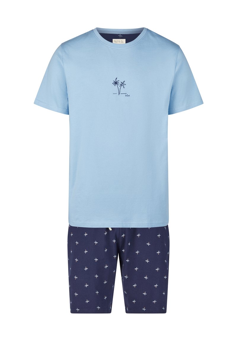 Himmelblaues Baumwoll-T-Shirt mit kurzen Ärmeln und Palmbaumstickerei, kombiniert mit dunkelblauen Shorts mit weißen Palmbaum-Mustern.