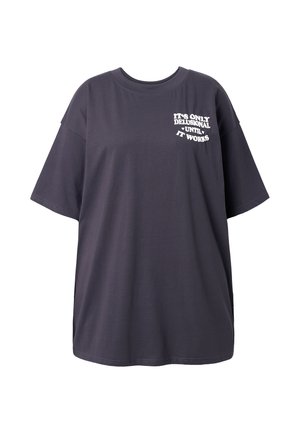 Übergroßes dunkelgraues T-Shirt mit kurzen Ärmeln und Rundhalsausschnitt, mit weißem Druck auf der linken Seite, aus weichem Baumwollmaterial.