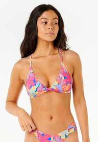 Kolorowy bikini w kwiatowy wzór z trójkątnymi miseczkami i cienkimi, regulowanymi ramiączkami. Materiał wydaje się gładki z lekkim połyskiem. Uzupełnione dołem z wiązaniem po bokach.