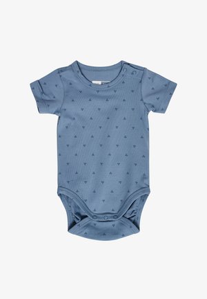 Body de bébé bleu à manches courtes en coton doux, avec un petit motif imprimé et des pressions aux épaules et en bas.