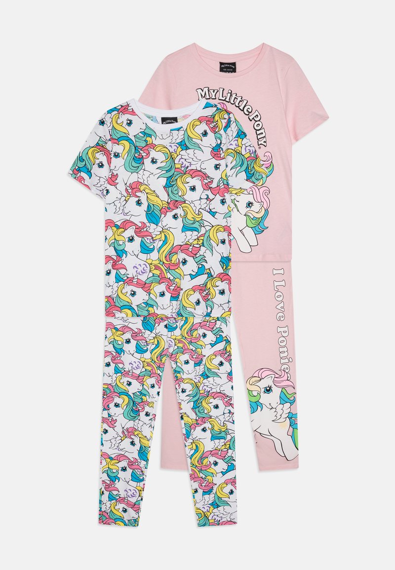 Dvoudílná pyžamová souprava s růžovou horní částí a textem "My Little Pony" a barevnými vzory jednorožců na bílé dolní části. Měkčí bavlněná tkanina.