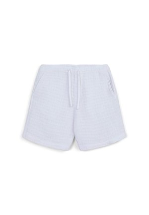 Pantaloni corti bianchi in tessuto testurizzato con vita elasticizzata, cordoncino e tasche laterali, esposti su uno sfondo bianco.