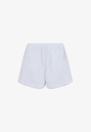 Weiße, strukturierte Stoffshorts mit elastischem Bund, Kordelzug und seitlichen Taschen, auf einem weißen Hintergrund präsentiert.