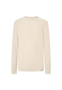 Kremno obarvan pleteni pulover z okroglim ovratnikom, dolgimi rokavi ter rebrastimi manšeti in robom. Ima majhen znak blagovne znamke na spodnjem delu.