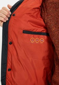 Wasserabweisende marineblaue Jacke mit oranger Innenauskleidung. Verfügt über vier Symbole, die Wasserresistenz, Winddichtigkeit und Daunenfreiheit anzeigen.
