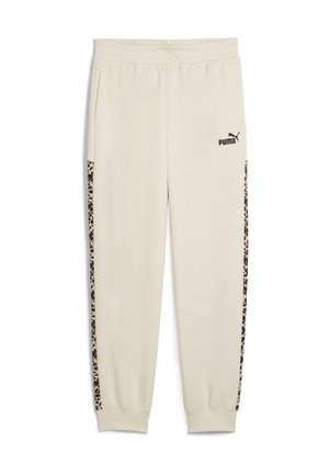 Pantalons de survêtement couleur crème de la marque Puma avec une taille élastique, présentant des rayures latérales en imprimé léopard et des poches latérales.