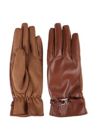 Bruna läderhandskar med en strukturmerad yta, elastisk handled och en liten metallspänne detalj vid manschetten.