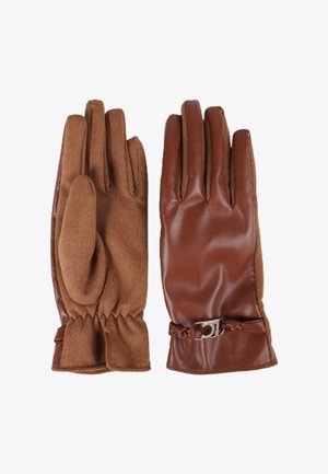 Brązowe skórzane rękawice z fakturowanym wykończeniem, elastycznym nadgarstkiem oraz małym metalowym zapięciem przy mankiecie.