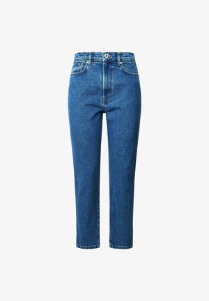 Jeans en denim bleu clair avec une taille haute, coupe droite et poches avant. Caractérisés par un design classique à cinq poches et une fermeture à bouton.