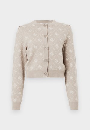 Cardigan beige court en tissu tricoté avec un motif en losanges et fermeture à boutons sur le devant. Comprend des poignets et un ourlet côtelés.