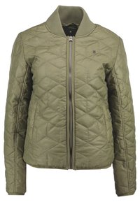 Veste matelassée vert olive avec coutures géométriques, col côtelé, fermeture éclair frontale et manches longues.