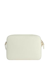 Borsa rettangolare bianca con texture liscia, chiusura con zip e manico laterale per il trasporto. Design semplice senza motivi visibili.