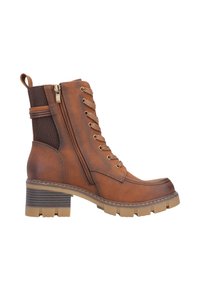 Bottes chelsea en cuir marron avec un zip sur le côté, une empiècement en maille texturée et un talon épais. Présente une semelle en caoutchouc avec une bonne adhérence.