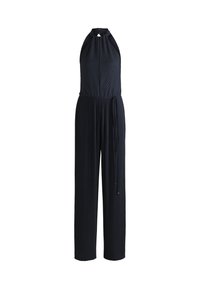 Navy blue jumpsuit featuring a halter neck, pleated texture, wide legs, and a tied waist belt for a fitted silhouette.
