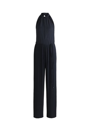 Navyblauwe jumpsuit met halternek, geplooide textuur, brede pijpen en een gestrikte tailleband voor een getailleerde silhouette.