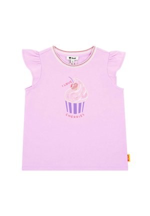 Lilac short-sleeve shirt with ruffled sleeves, featuring a cupcake graphic with cherry and text "I love cherries" in pink hues.