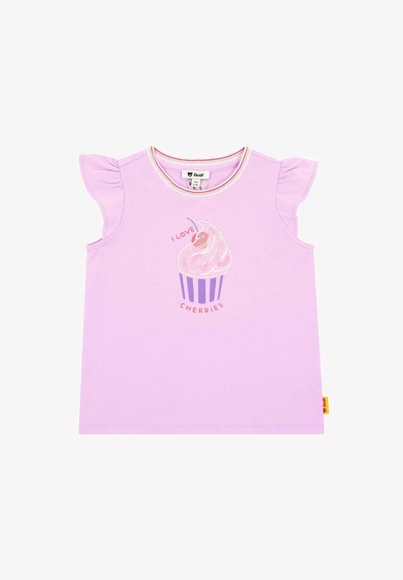 Chemise lilas à manches courtes avec des manches volantées, présentant un motif de cupcake avec une cerise et le texte "J'aime les cerises" en nuances de rose.