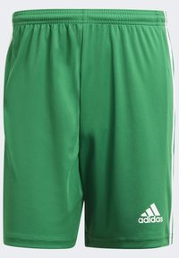 Groene sportshorts van gladde stof; met een elastische tailleband, witte accenten en een Adidas-logo aan de onderste rechterzijde.