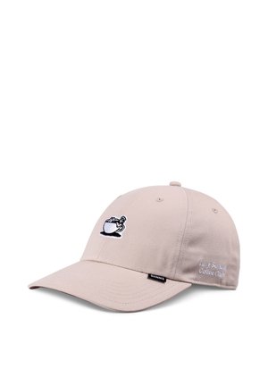 Beige baseball cap with embroidered coffee cup and flower design on front and "Lazy Sunday Coffee Club" text on side.