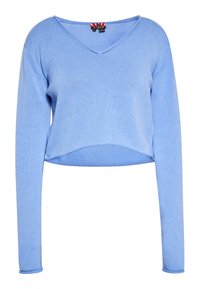 Maglione corto azzurro chiaro con maniche lunghe, scollo a V e materiale a maglia testurizzata. Presenta un orlo e polsini ribattuti per un look aderente.