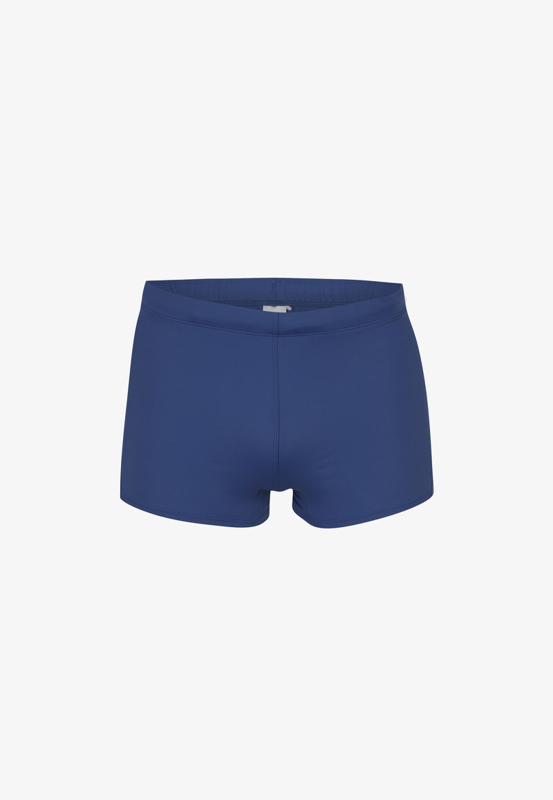 Pánské plavky v tmavě modré barvě, vyrobené z hladkého a elastického materiálu. Disponují pohodlným pasem a kratším střihem bez ozdob.