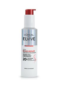 Siero L'Oréal Elvive Bond Repair in una bottiglia trasparente con un pomello rosso. Presenta un'etichetta olografica con il testo che evidenzia il complesso di riparazione dei legami al 20%.