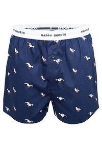 Pantaloni corti blu navy realizzati in tessuto con una leggera trama, decorati con un motivo di gabbiani bianchi e piedi arancioni, e una cintura elastica bianca.