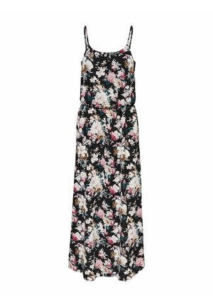 Robe maxi à fines bretelles, fond noir et motif floral vibrant en rose, blanc et vert. Taille élastique et design de jupe fluide.