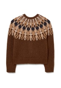 Bruine gebreide trui met een ronde hals. Bevat een pattered yoke in lichtbruin, donkerbruin en navy blauw. Geribbelde manchetten en zoom.